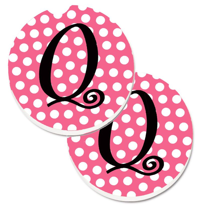 Caroline's Treasures Letter Q Monogram - Pink black Polka Dots Set of 2 Cup Holder Car Coasters CJ1001-QCARC, 2.56, Multicolor