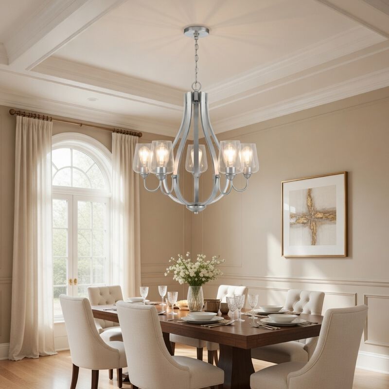 5 Light Chandelier, Teardrop Shape Glass Shades, Brushed Silver 26 Inch image number 8
