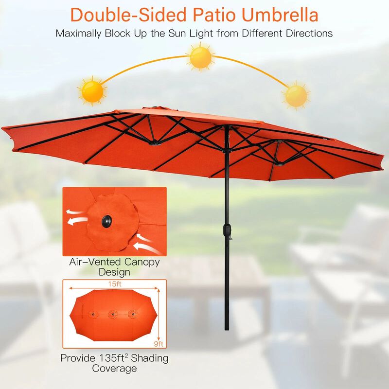 Mondawe 15 Feet Double-Sided Twin Patio Umbrella with Crank and Base image number 3