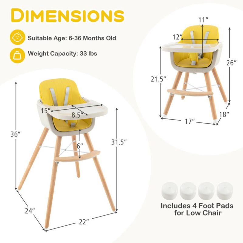 Hivvago 3-in-1 Convertible Wooden High Chair with Cushion