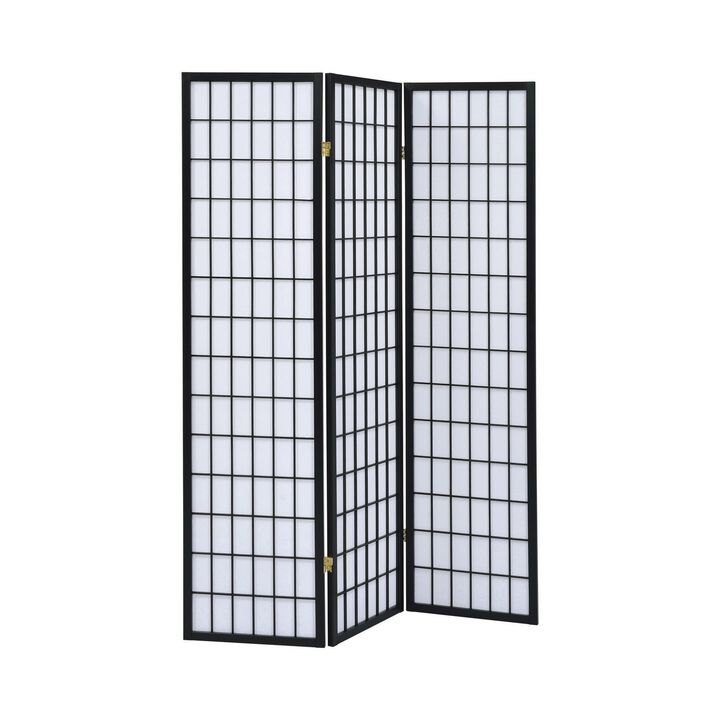 3 Panel Screen with Grid Design Wooden Frame, Black-Benzara