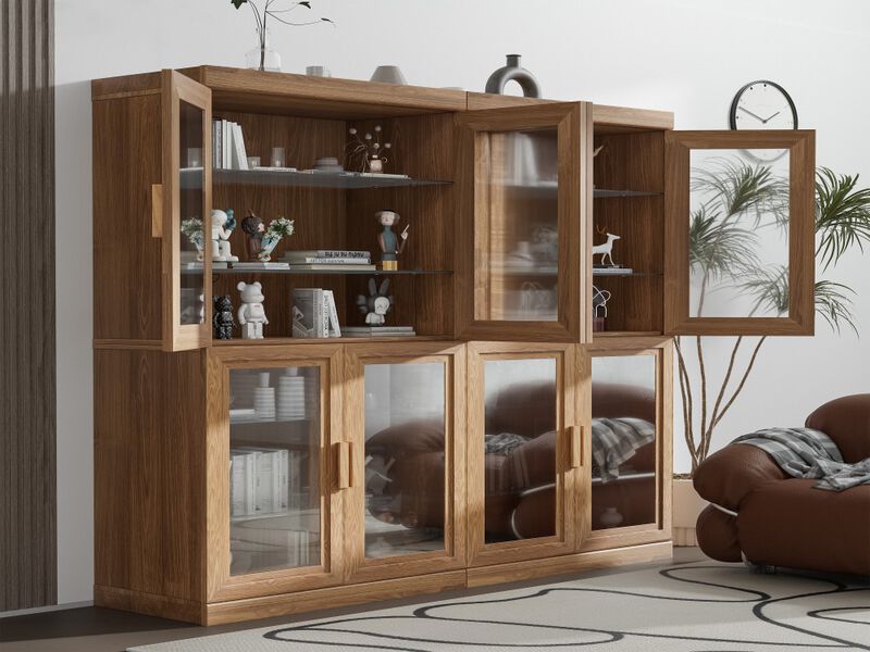 62" High Glass Door Wood Grain Decorative Storage Cabinet Display Cabinet, with Sufficient Space for 12 Shelves