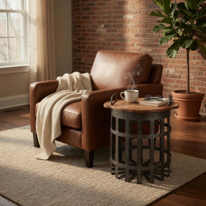 Industrial Grid Galvanized Accent Side End Table with Round Lid and Handles, Set of 2, Gray and Brown image number 5