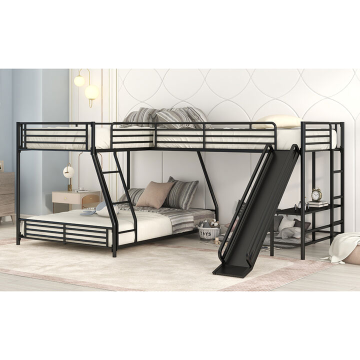 L-Shaped Twin over Full Bunk Bed with Twin Size Loft Bed, Built-in Desk and Slide, Black