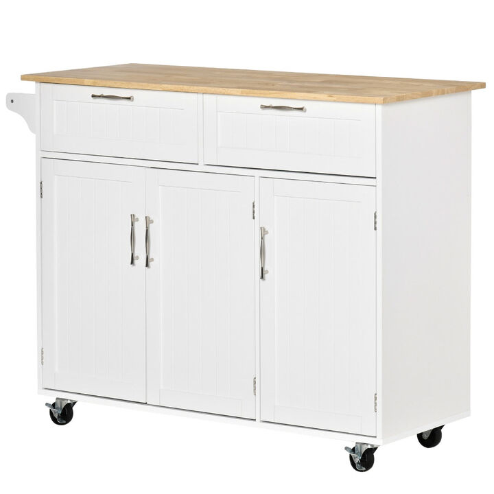 White Kitchen Cart: Portable Island with Rubberwood Top and Drawers