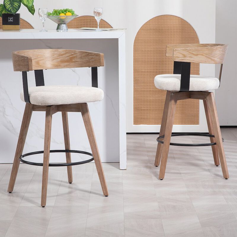 Glamour Home Beck Beige Linen Fabric Counter Stool with Natural Wood Backrest and Legs