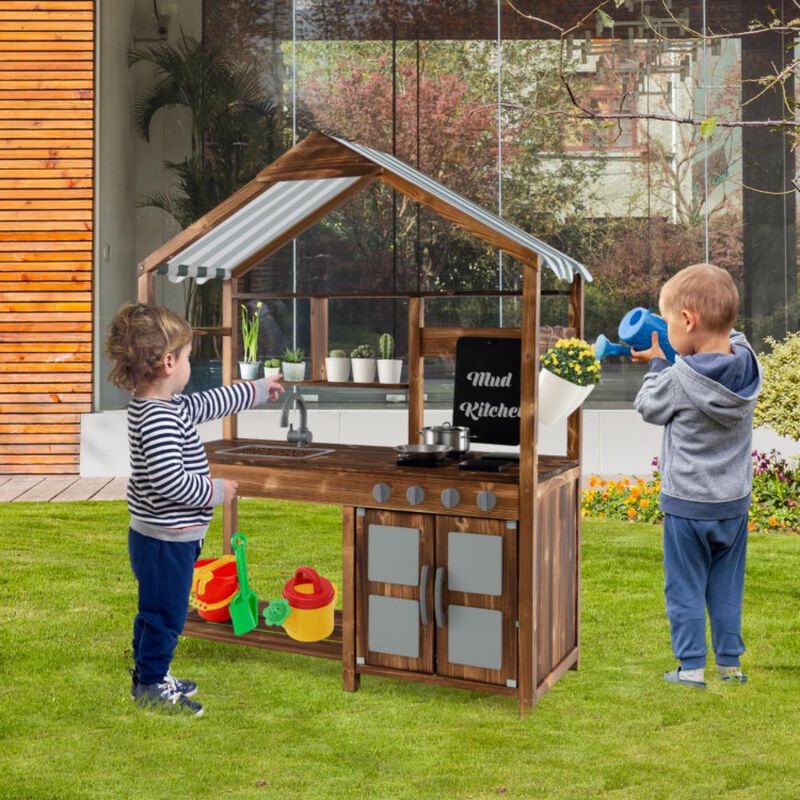 Hivvago Kid's Mud Kitchen Outdoor Solid Wood Mud Kitchen with Canopy