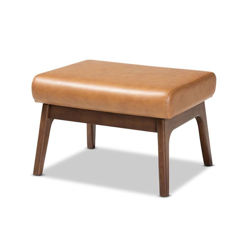Baxton Studio Bianca Mid-Century Modern Walnut Brown Finished Wood and Tan Faux Leather Effect Ottoman