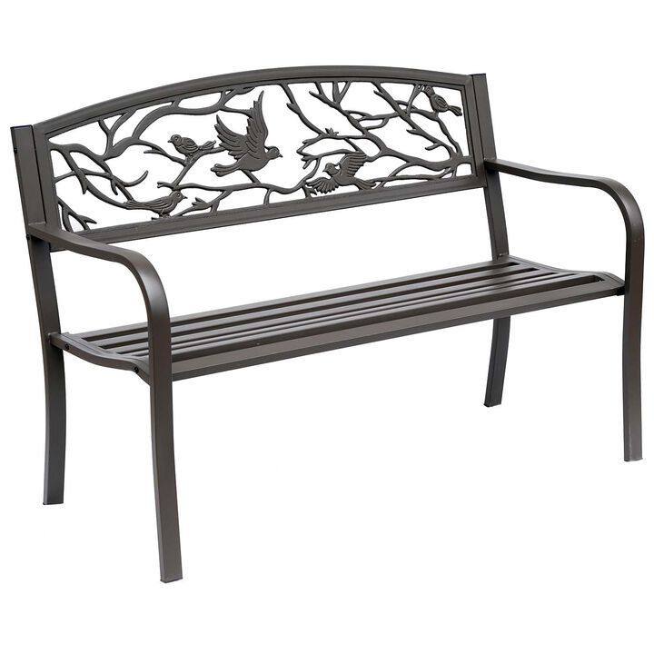 50" Vintage Animal Pattern Garden Cast Iron Patio Bench, Outdoor Furniture Loveseat Chair with Backrest and Armrest for Lawn, Porch, Brown