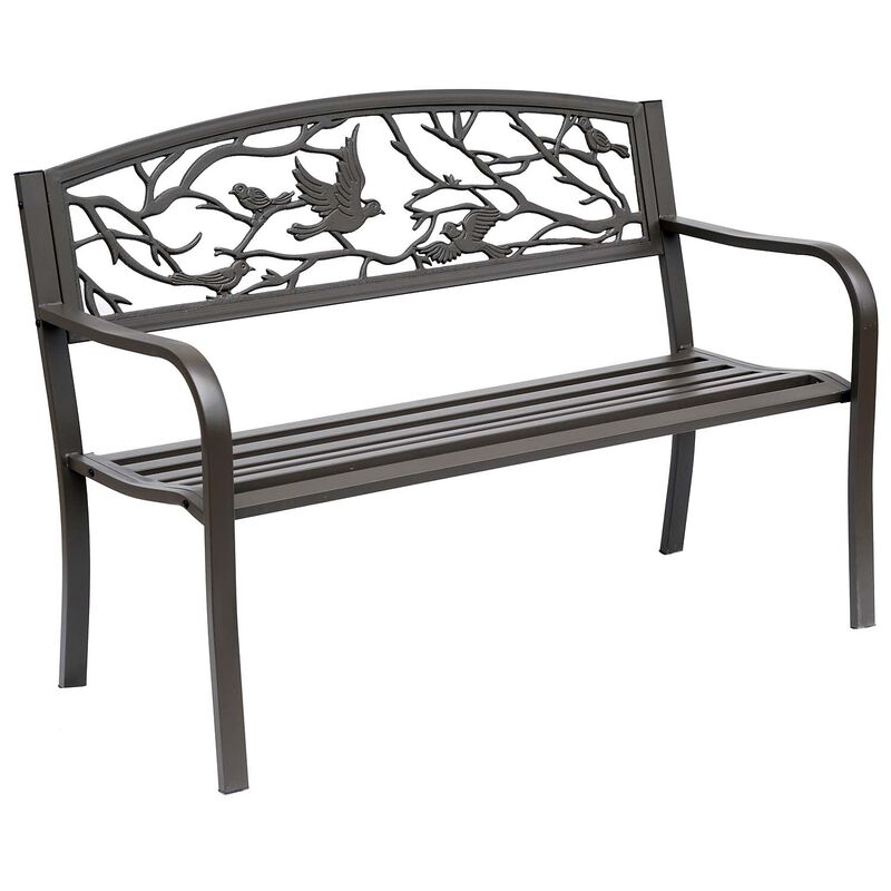 Durable Garden Perch: 50" Brown Metal Patio Bench with Backrest