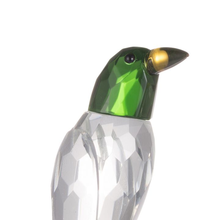 9 Inch 2 Parrots Sculpture Figurine Accent, Clear and Green Faceted Glass-Benzara