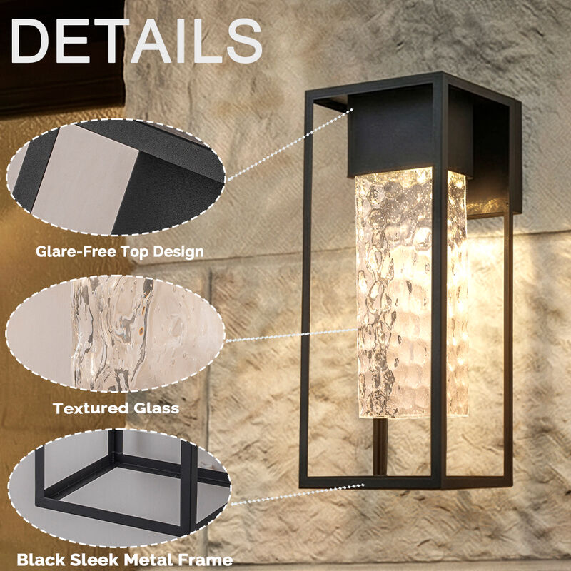 H19" Modern Large Matte Black 10W Integrated LED Wall Sconce with Open Frame and Seeded Glass for Porch Garage Entryway Exterior Lighting image number 6
