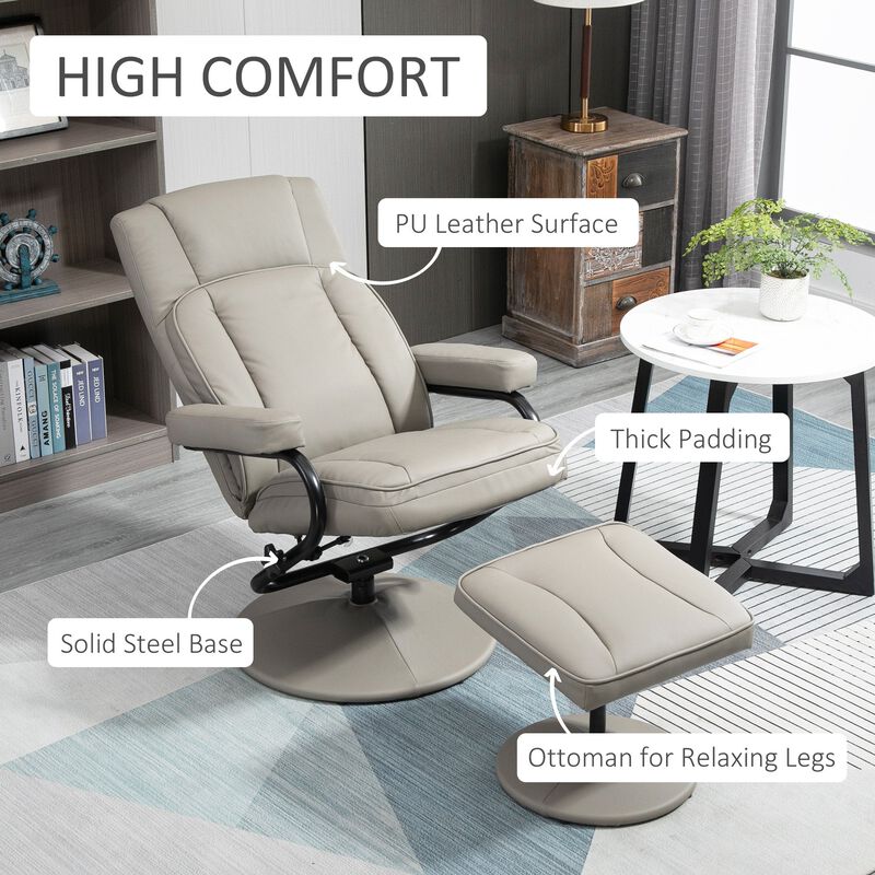 Swivel Recliner, Manual PU Leather Armchair with Ottoman Footrest for Living Room, Office, Bedroom, Grey image number 6