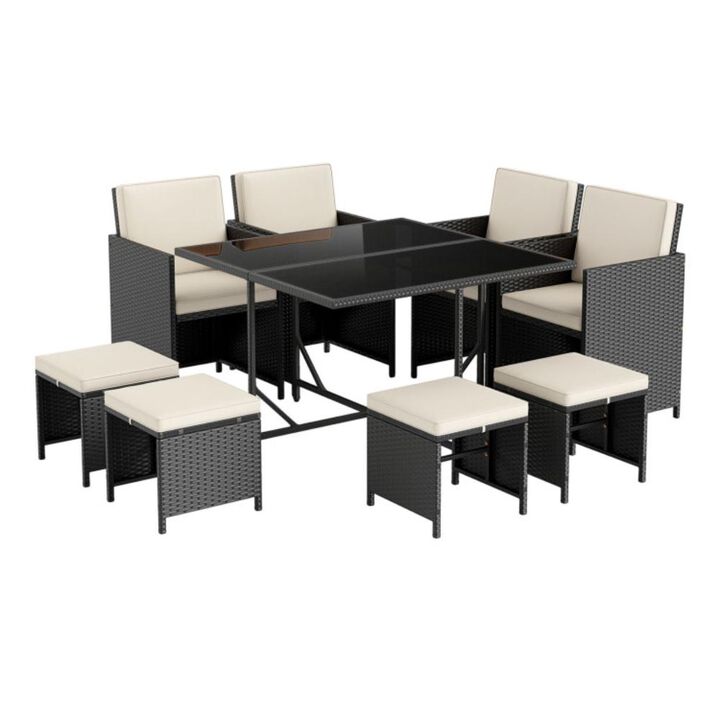 Hivvago 9 Piece Patio Dining Set with Tempered Glass Table and Ottoman
