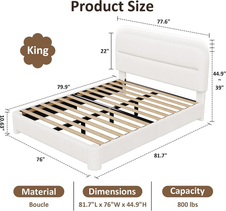 Vipbear Upholstered Boucle Platform Bed Frame with Adjustable Wide Headboard, Wooden Slats, White