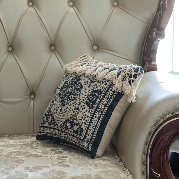 16" Handwoven Cotton Throw Pillow Cover with Traditional Pattern and Tasseled Top, Navy