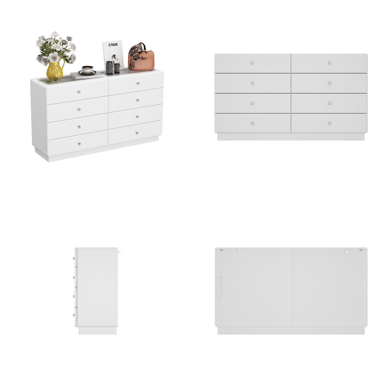 FUFU&GAGA Vanity Dresser with Glass-Top Display, 8 Drawers, LED Light, Adjustable Dividers, MDF (55.1" W x 13.8" D x 31.5" H), White