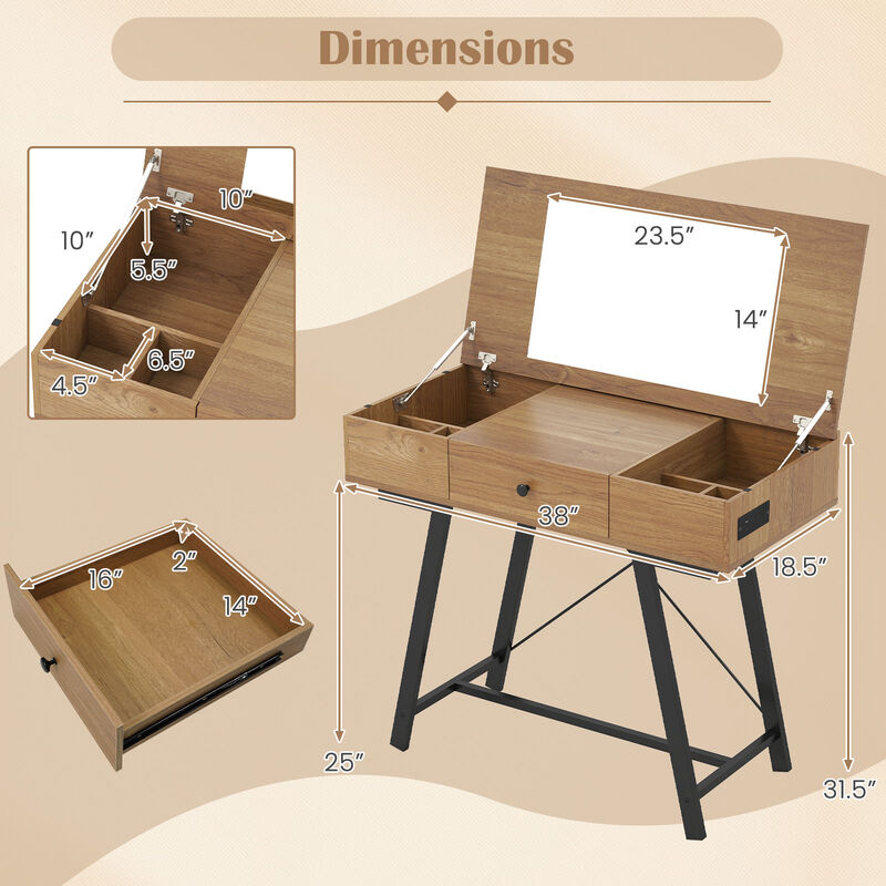 Makeup Vanity Desk with Flip-Up Mirror for Bedroom or Dressing Room-Rustic Brown image number 2