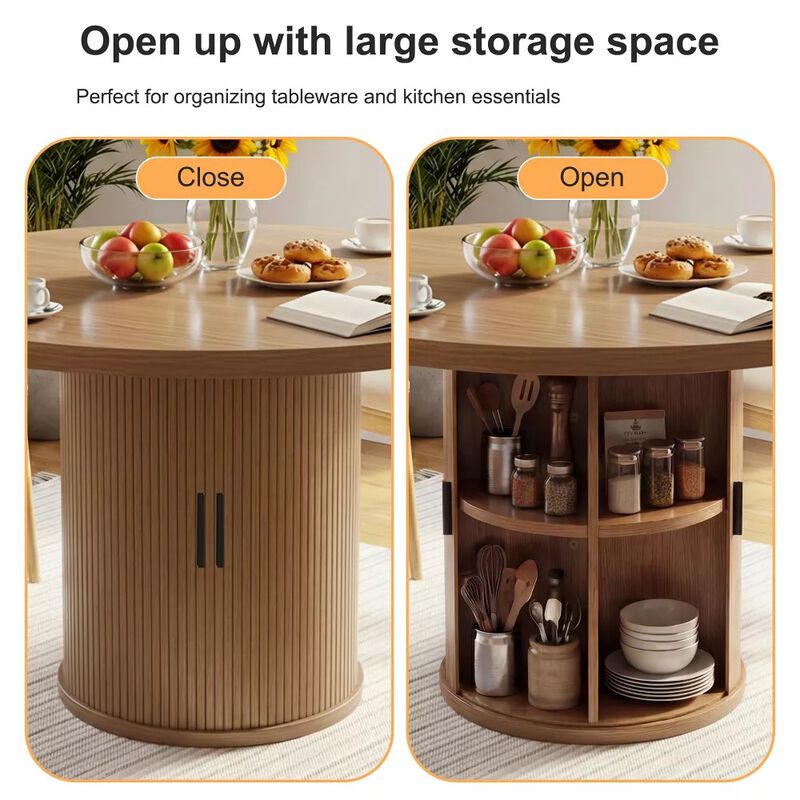 Vipbear 35.43" Round Dining Table for 4, Modern Wooden Kitchen Table with Built-in Storage Shelves image number 2
