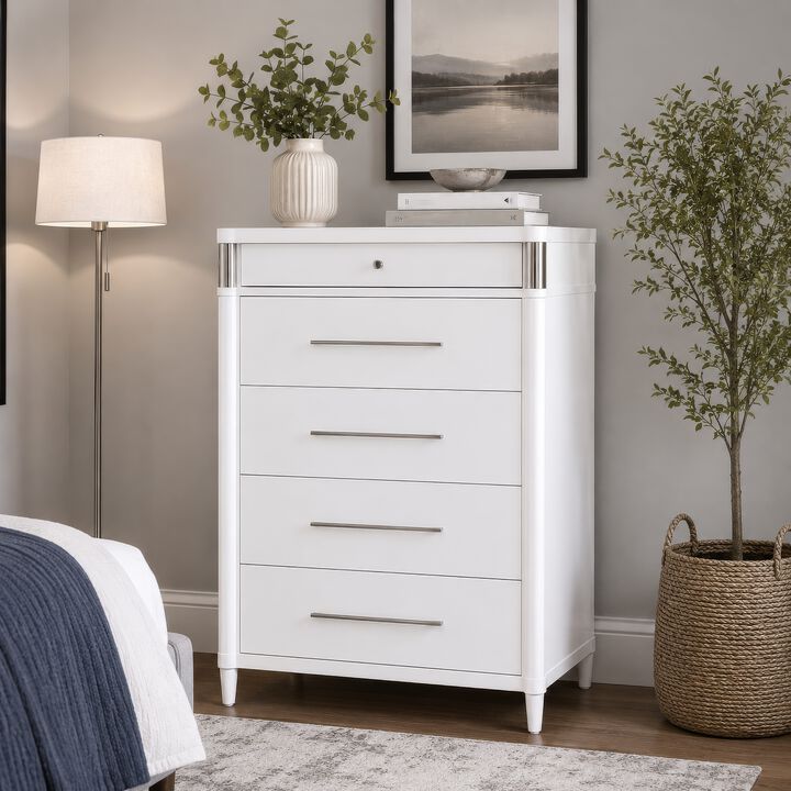 Ruvie Tall Chest 5 Drawers w Felt lined Jewellery Drawer, White Wood