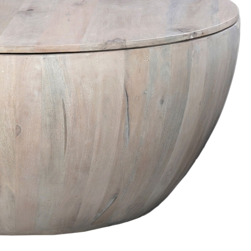 37 Inch Round Coffee Table, Handcrafted Drum Shape with Storage, Washed White Mango Wood image number 4