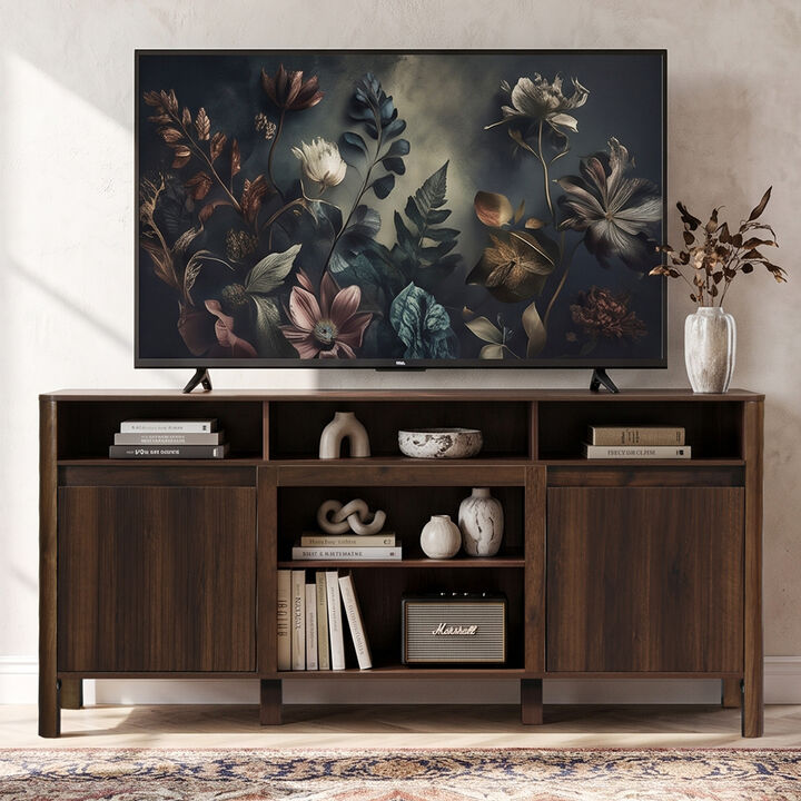 68" Dark Walnut Fluted Door Mid-Century Modern Wooden TV Stand Media Console Storage Cabinet with Open Shelves for TVs up to 75"