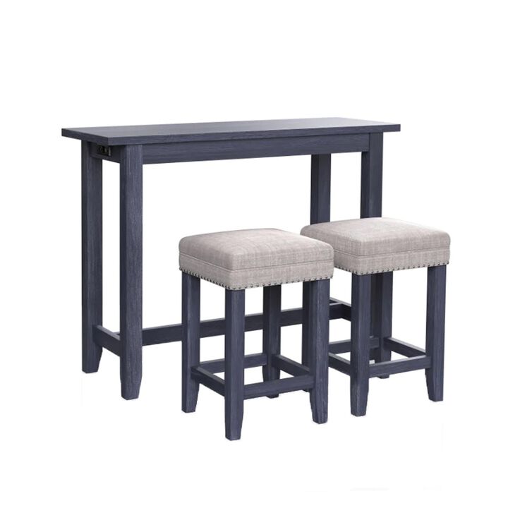 Eala 3 Piece Counter Height Table and Stool Set, Blue Wood, Gray Fabric-Benzara