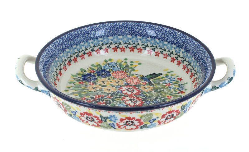 Blue Rose Polish Pottery Peacock Swirl Small Round Casserole with Handles