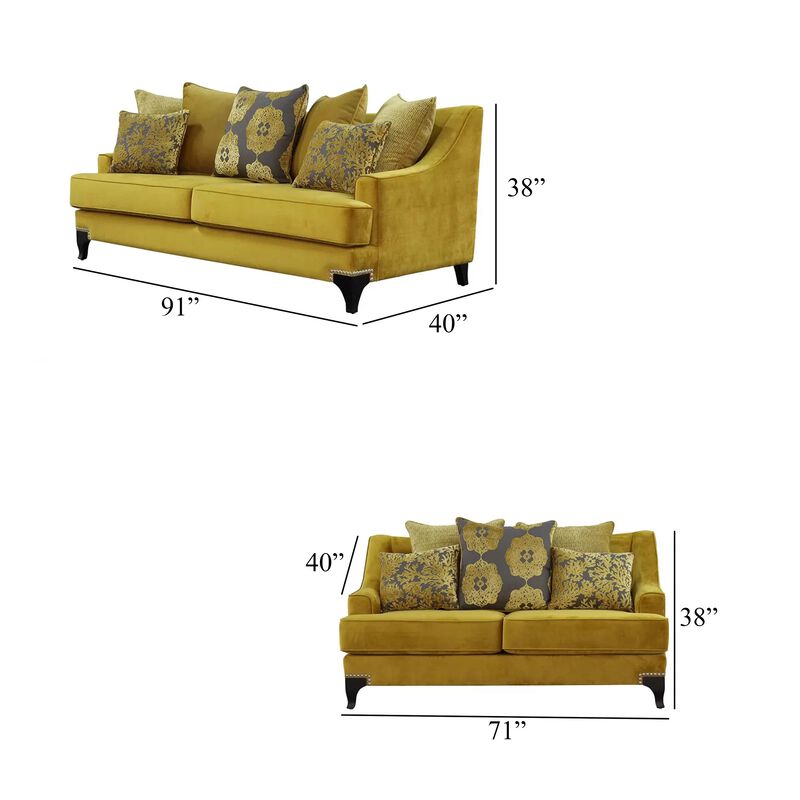 Visco 2pc Sofa, Loveseat Set, 8 Throw Pillows, Rivet Trim, Gold Yellow - Benzara