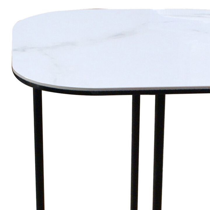 End Table with Ceramic Top and Metal Frame, White and Black-Benzara