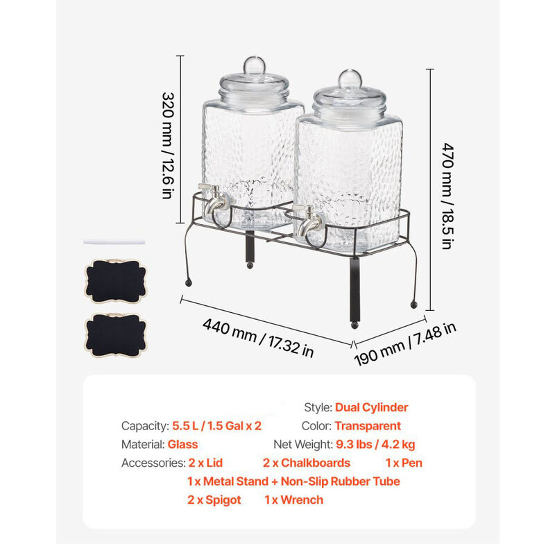 2 Pack Glass Beverage Dispenser with Metal Stand and Stainless Steel Spigot image number 2