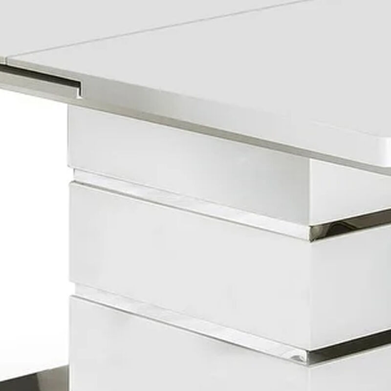 Extendable Dining Table with Metal Base, White and Silver - Benzara