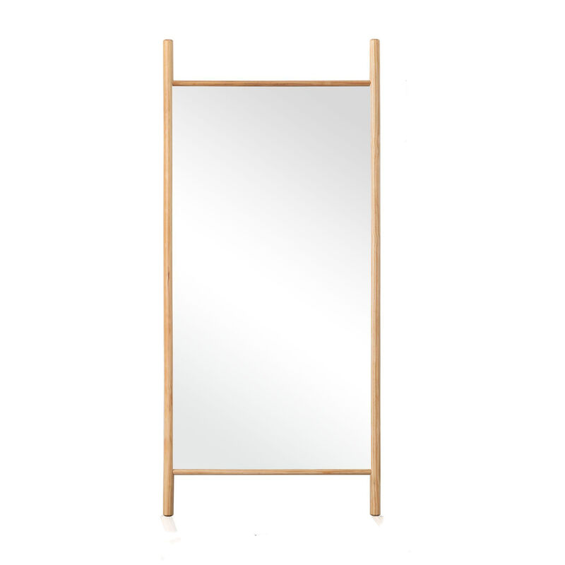 HomeRoots 64" Natural Solid Wood Ladder Leaning Framed Full Length Mirror image number 2