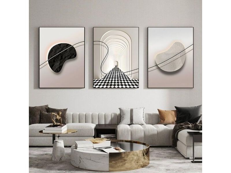 Abstract Framed Canvas Wall Art Set of 3 Minimalist Geometric Neutral Prints image number 1