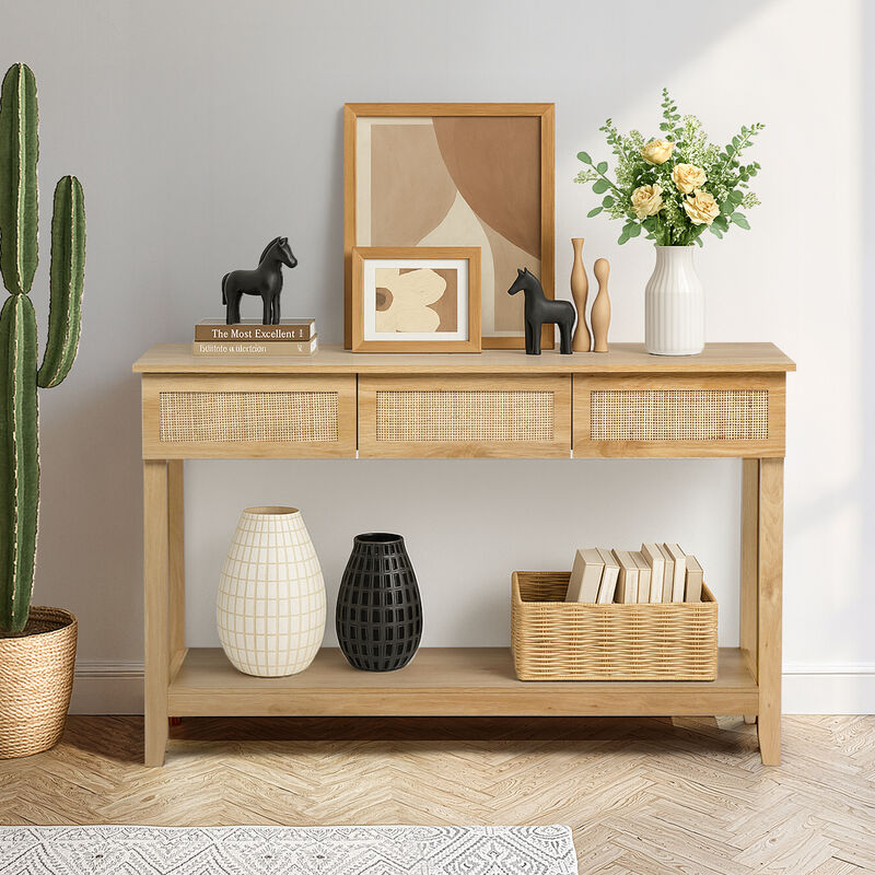 Rattan Console Table with 3 Drawers and Open Shelf for Entryway or Hallway image number 1