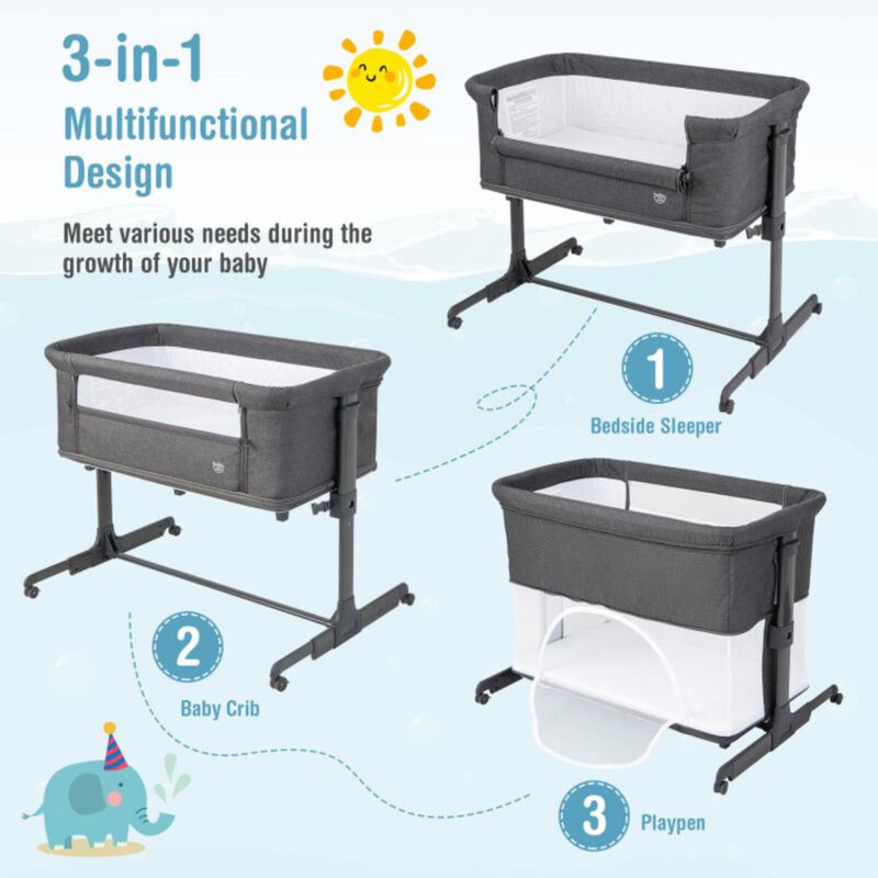 Hivago 3-in-1 Foldable Baby Bedside Sleeper  with Mattress and 5 Adjustable Heights-Dark Gray