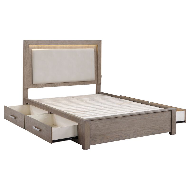 Keno 4pc Queen Bedroom Set, Underbed Storage, LED, Beige Upholstered
