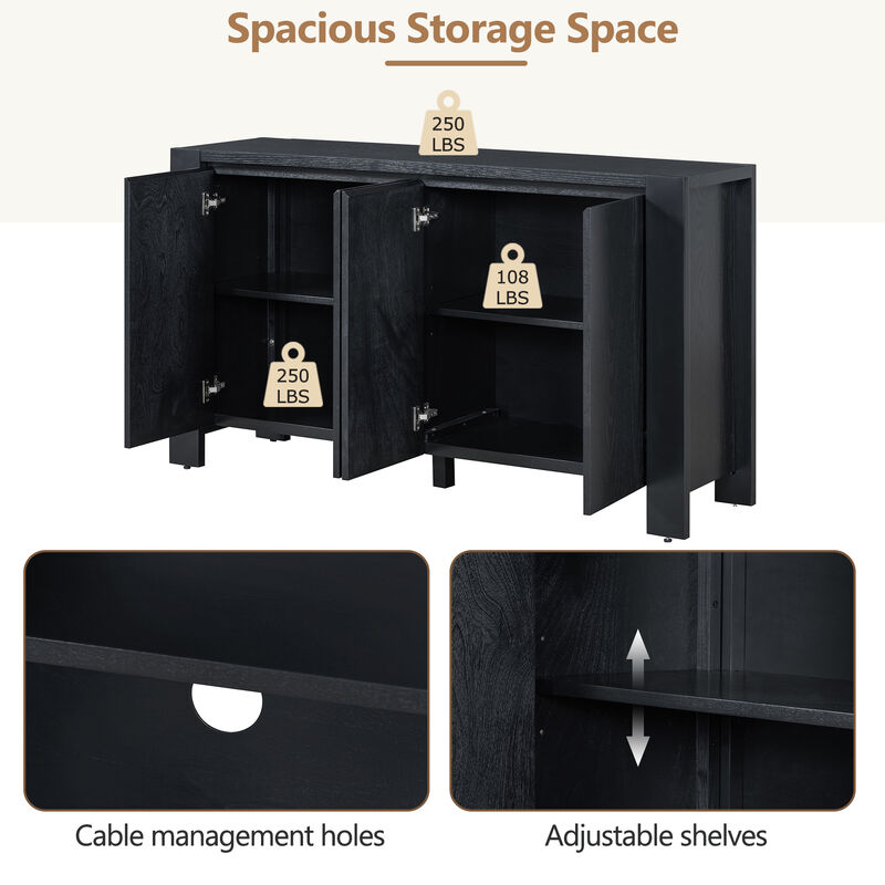 Clihome Buffet Cabinet with Storage, 4-Door Retro Wood Sideboard with Distressed Finish and Adjustable Shelves for Dining Room, Kitchen, and Living Room (Black)