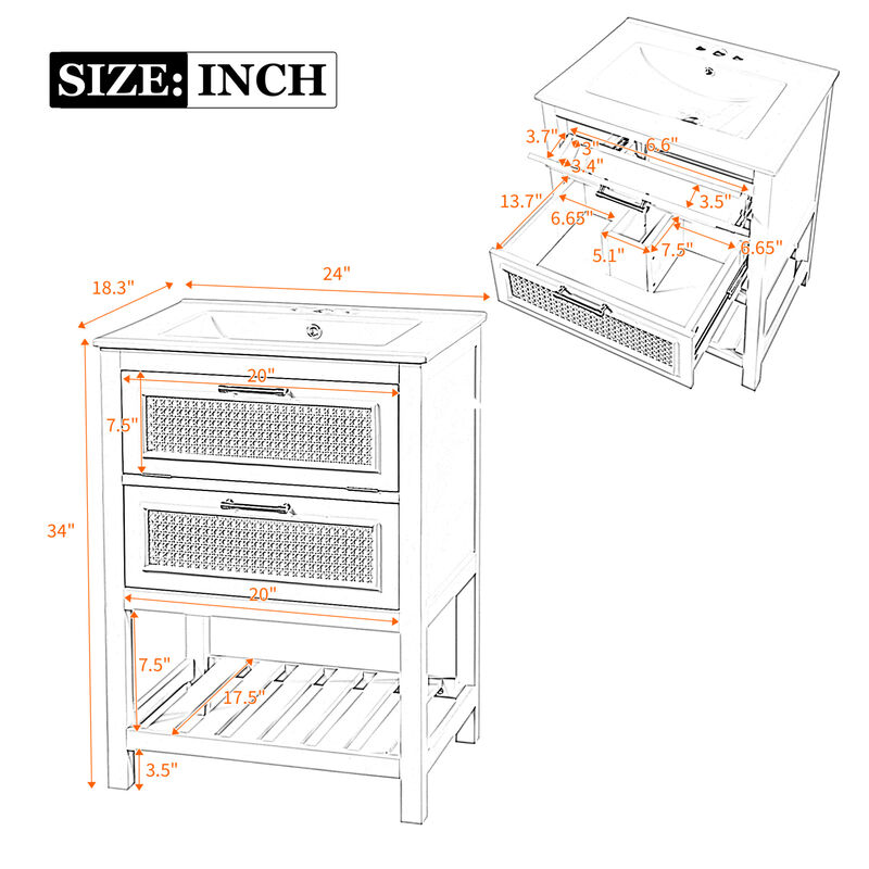 ELEMENT ACE 24 Inch Bathroom Vanity with Integrated Ceramic Sink, Deep & Tip-Out Storage Drawers, Space-Saving Modern Cabinet for Small Medium Restrooms image number 2