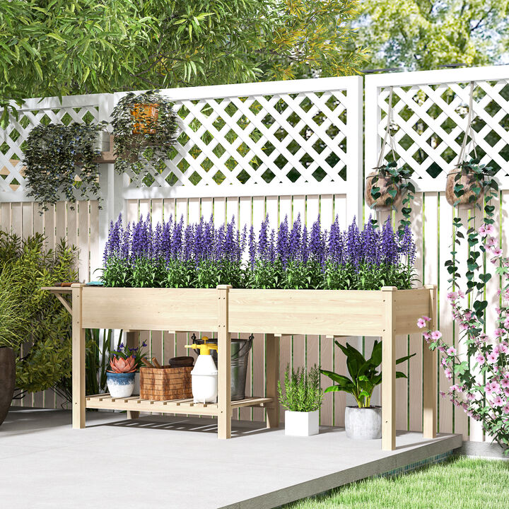 Hivvago Wooden Raised Planter with Side Table and Bottom Shelf