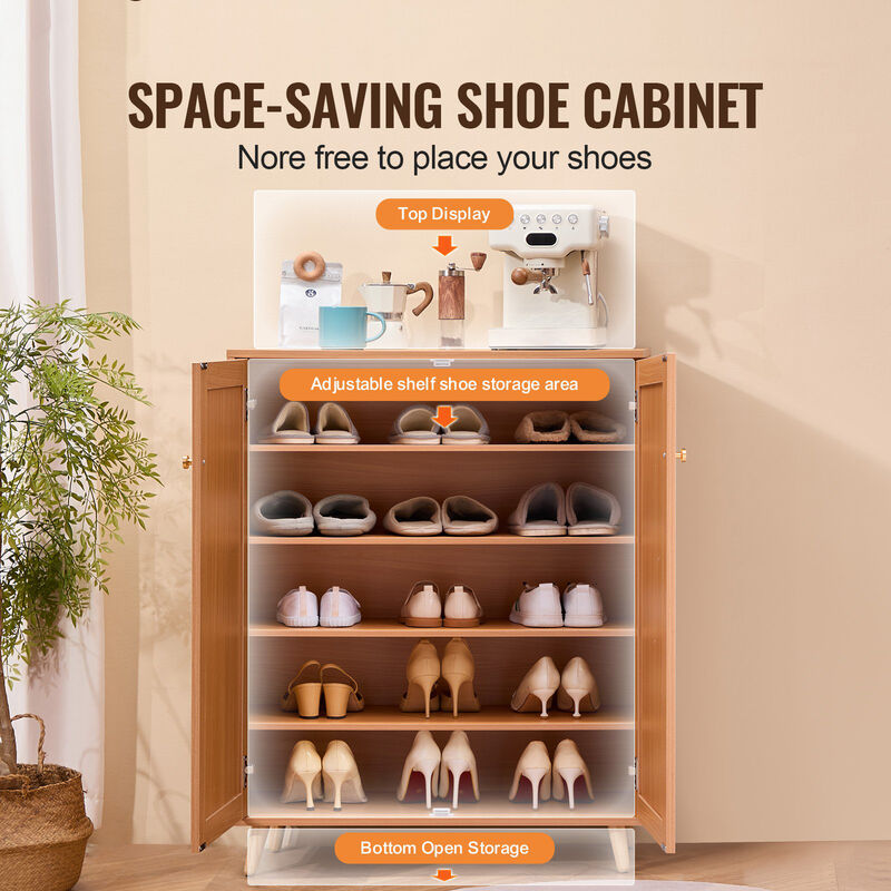 5-Tier Shoe Storage Cabinet with Rattan Doors and Adjustable Shelves for Hallway