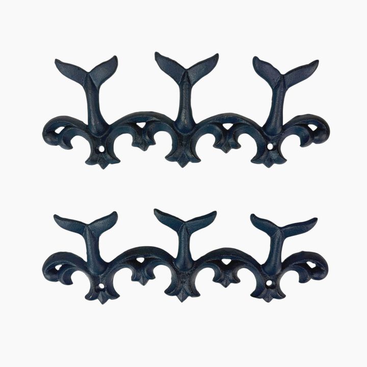 Set Of 2 Whale Tail Wall Hooks Cast Iron Blue Coastal Triple Hook 105 In