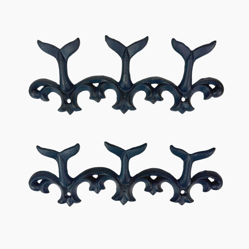 Set Of 2 Whale Tail Wall Hooks Cast Iron Blue Coastal Triple Hook 105 In image number 0
