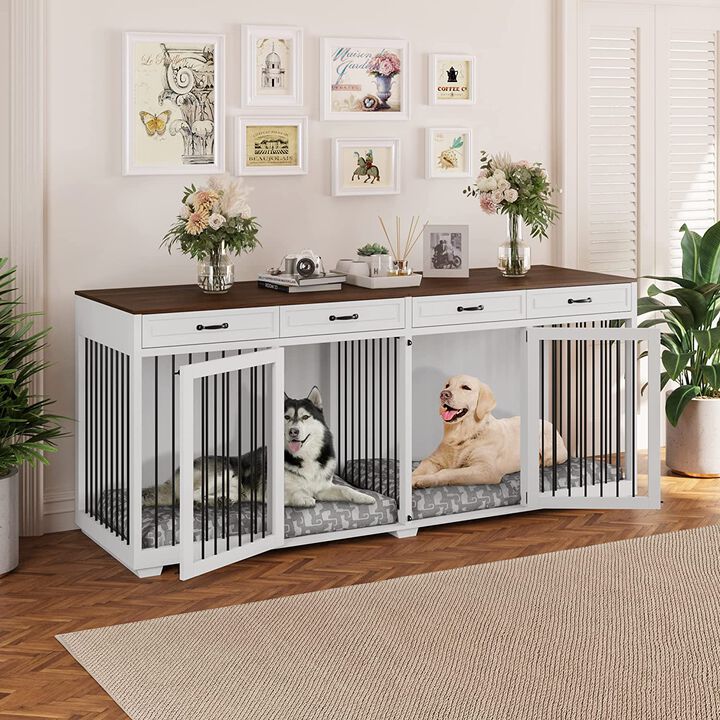 92.9 in. Super Large Dog Crate Furniture, Indoor Wooden Dog House Kennel w/4-Drawers and Divider, XXXL for 2 Large Dogs