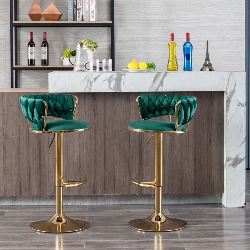 Set of 2 Bar Stools, with Chrome Footrest and Base Swivel Height Adjustable Mechanical Lifting Velvet + Golden Leg Simple Bar Stool-Green