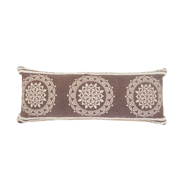 36" Brown and White Floral Medallion Lumbar Throw Pillow