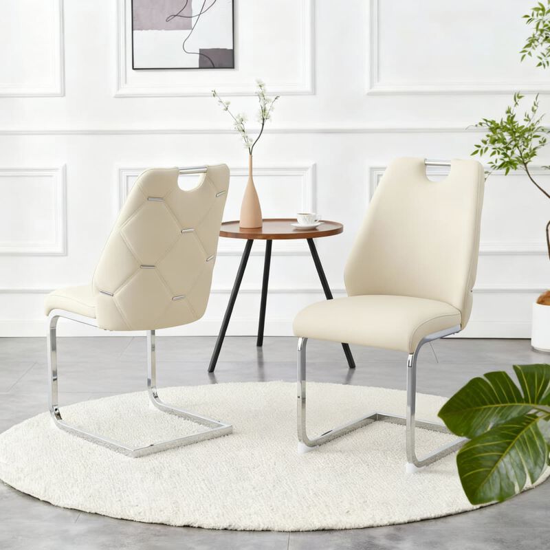 Set of 2 PU Leather Dining Chairs, High Back Upholstered Dining Chair with Ring Pull Handle, Modern Rectangular Back Dining Chair image number 1