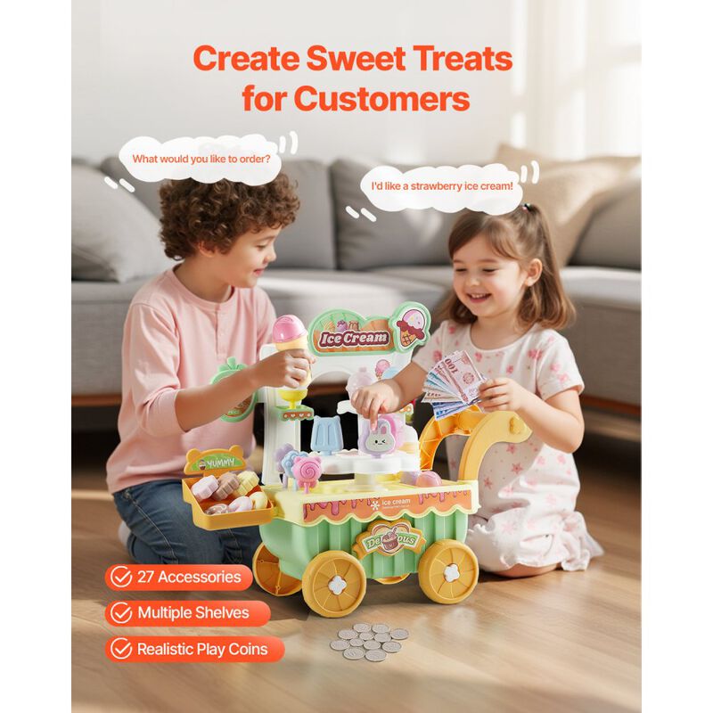 Kids Ice Cream Cart Toy, 27 PCS Pretend Play Store with Lights & Sounds image number 3