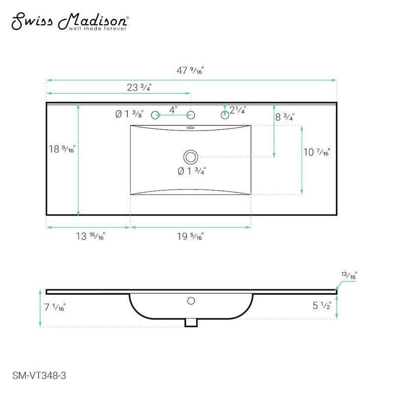 48" 3-Hole Widespread Vanity Sink Top in Glossy White image number 3