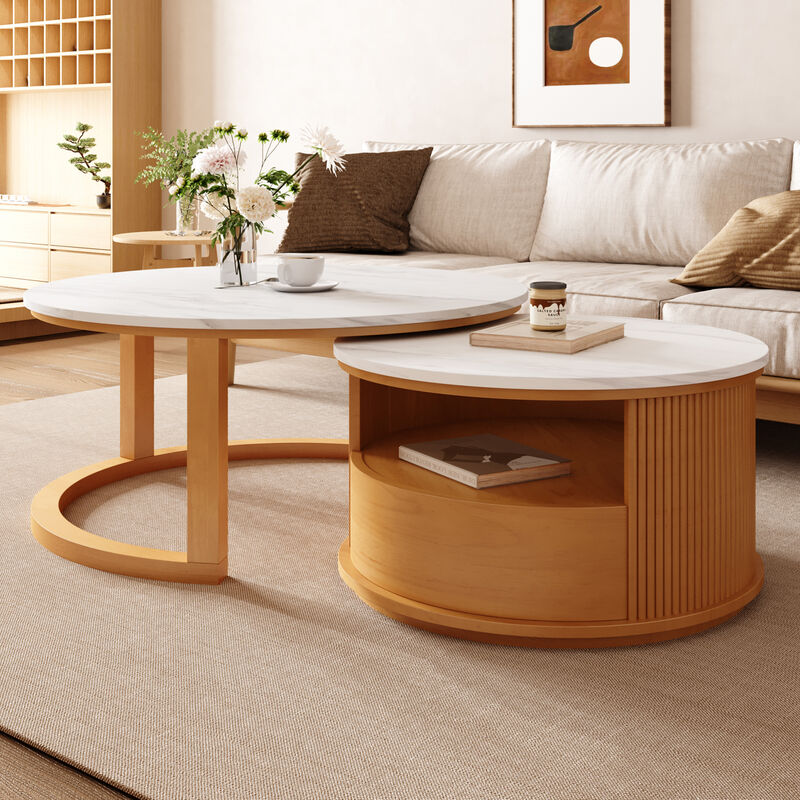 GOODSILO Modern Nesting Coffee Table with Marble Top and Two-Tier Storage image number 5